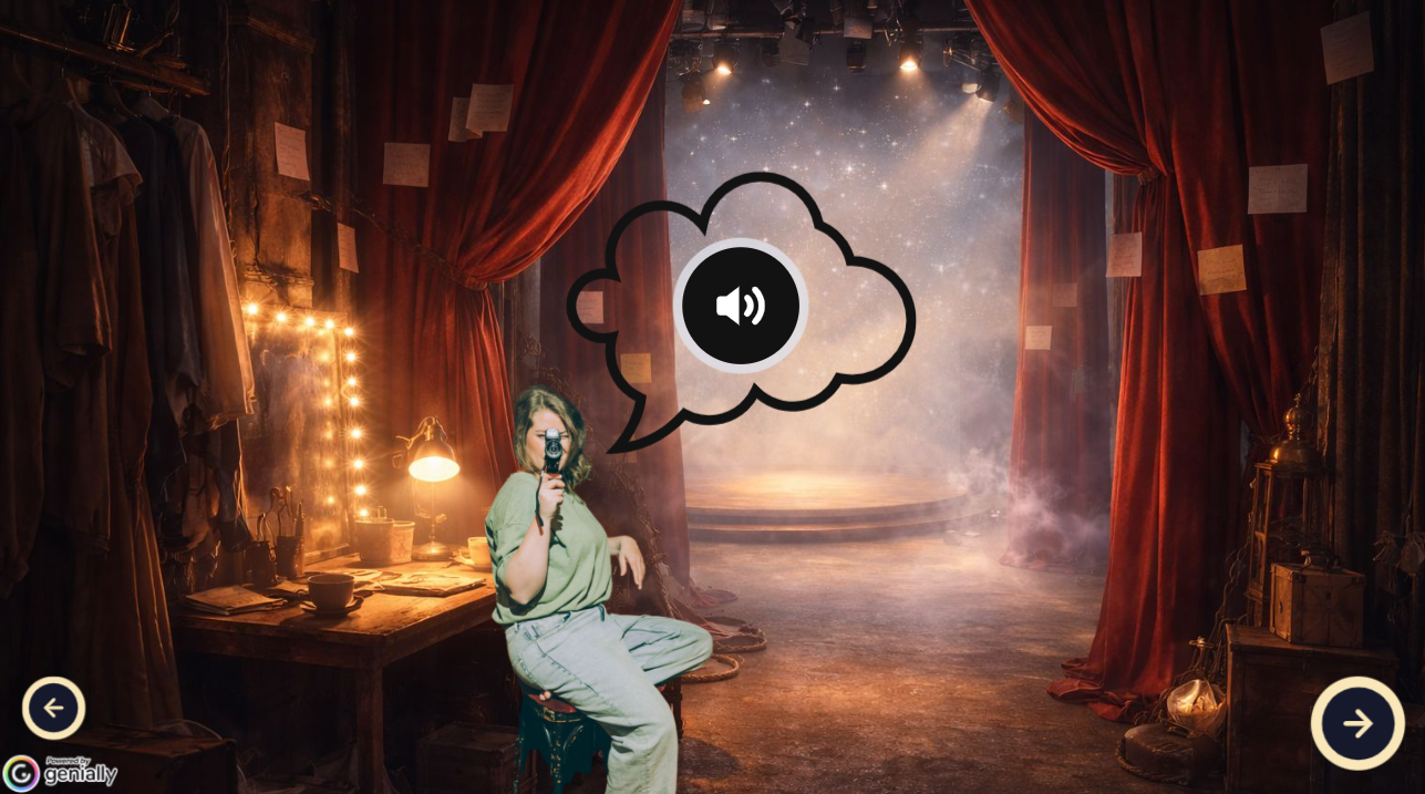 De digitale coulissen: kleedkamer, rode gordijnen en het verlichte podium van de online experience